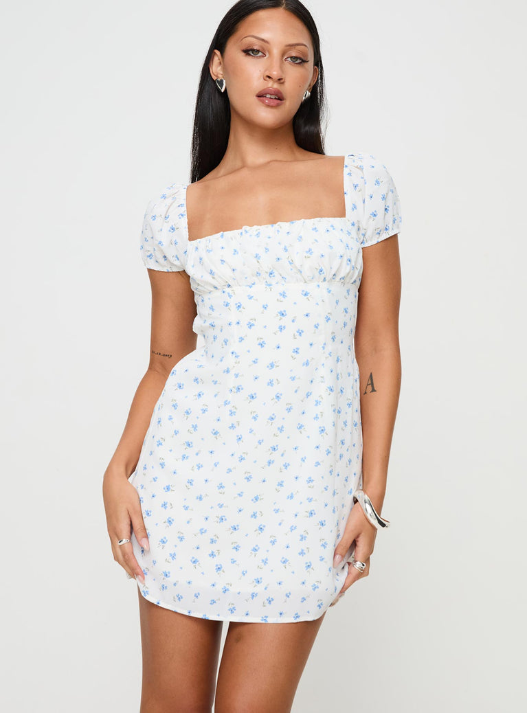 front view of model wearing Princess Polly Powells Mini Dress White / Blue Floral Square Neck 