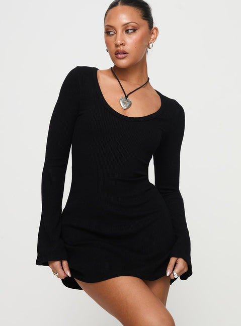 front view of model wearing Princess Polly Best Interest Long Sleeve Mini Dress Black Tall Scoop Neck 
