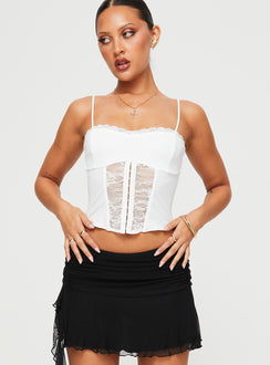 front view of model wearing Princess Polly Coletto Corset Top White Sleeveless Sweetheart 