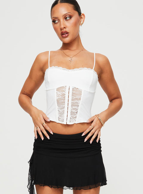 front view of model wearing Princess Polly Coletto Corset Top White Sleeveless Sweetheart 
