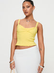 front view of model wearing Princess Polly Dalma Twist Top Yellow Sleeveless Sweetheart 