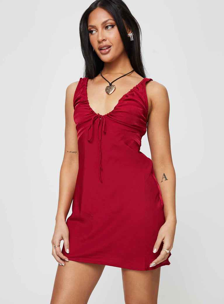 Front view of model wearing  front Princess Polly Scoop Neck  Bareena Mini Dress Burgundy