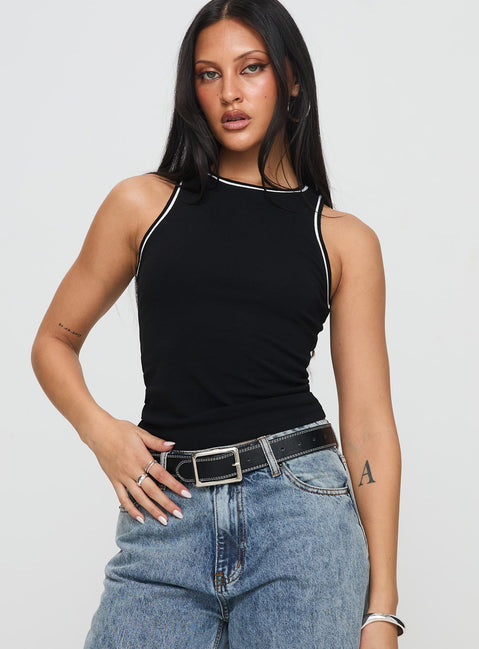 front view of model wearing Princess Polly Dazzling Tank Top Black Sleeveless Crew Neck 
