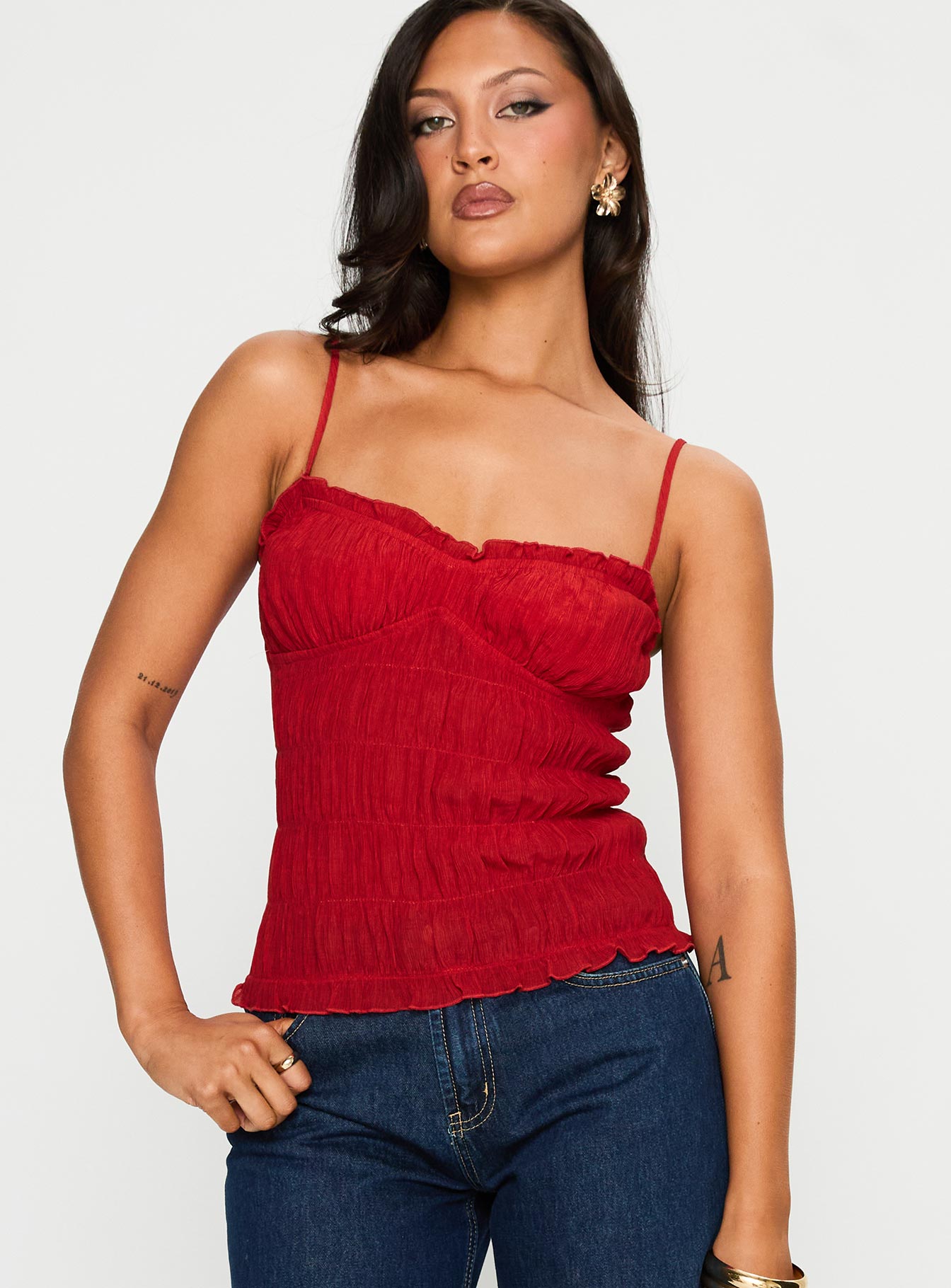 front view of model wearing Princess Polly Money Maker Ruched Cami Top Red Sleeveless Sweetheart 