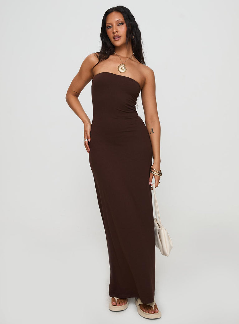 front view of model wearing Princess Polly Bellaire Strapless Maxi Dress Brown Straight Neck 