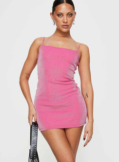 Front view of model wearing  front Princess Polly Square Neck  Ellinor Mini Dress Pink