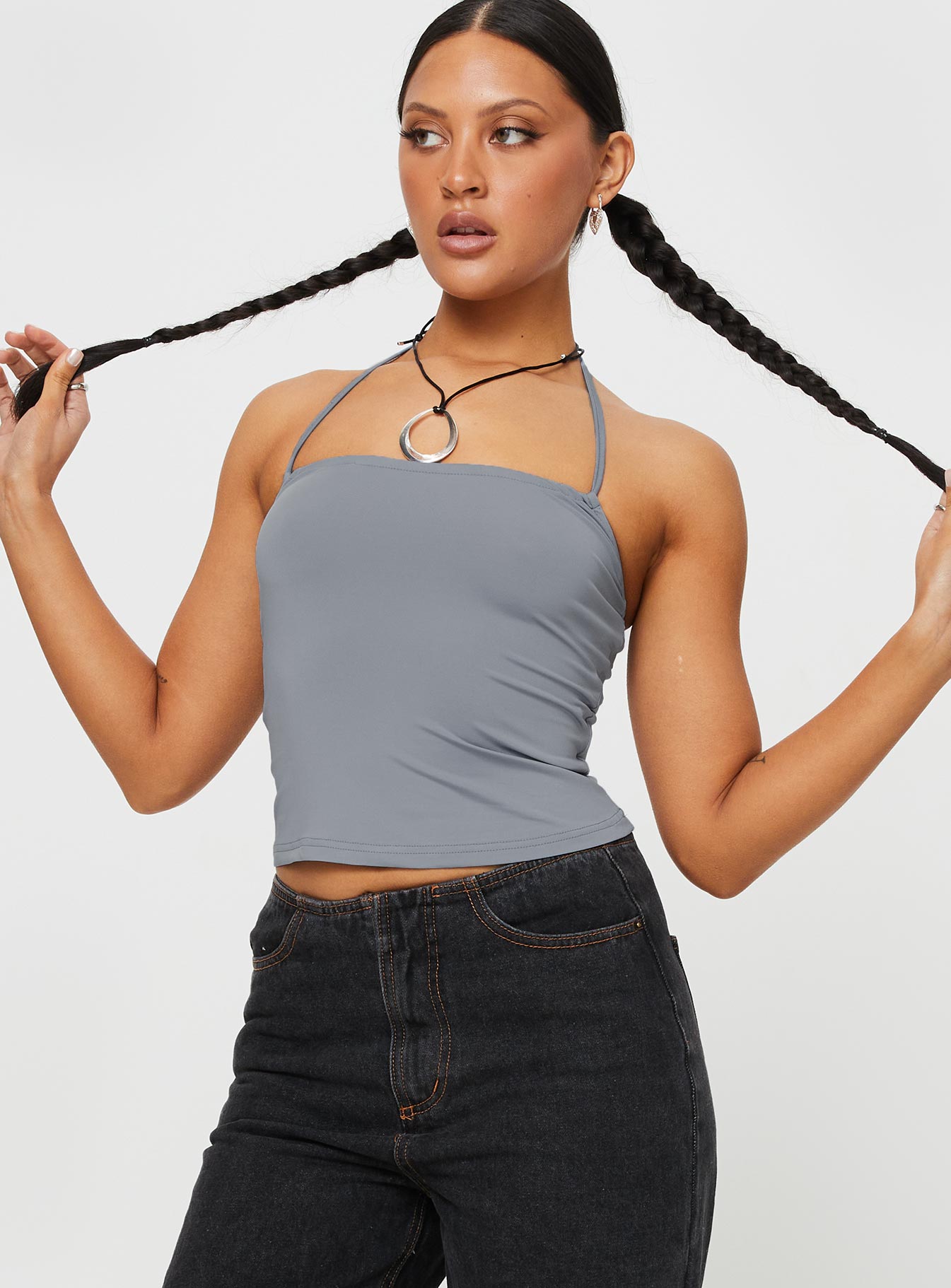 Front view of model wearing  front Princess Polly Sleeveless Square Neck  Halt It Top Blue