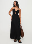 Maxi dress V neckline, adjustable straps, cut out detail at centre, invisible zip fastening  Non-stretch material, lined bust