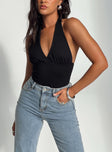 Whimsy Halter Top Black Sleeveless Plunger 