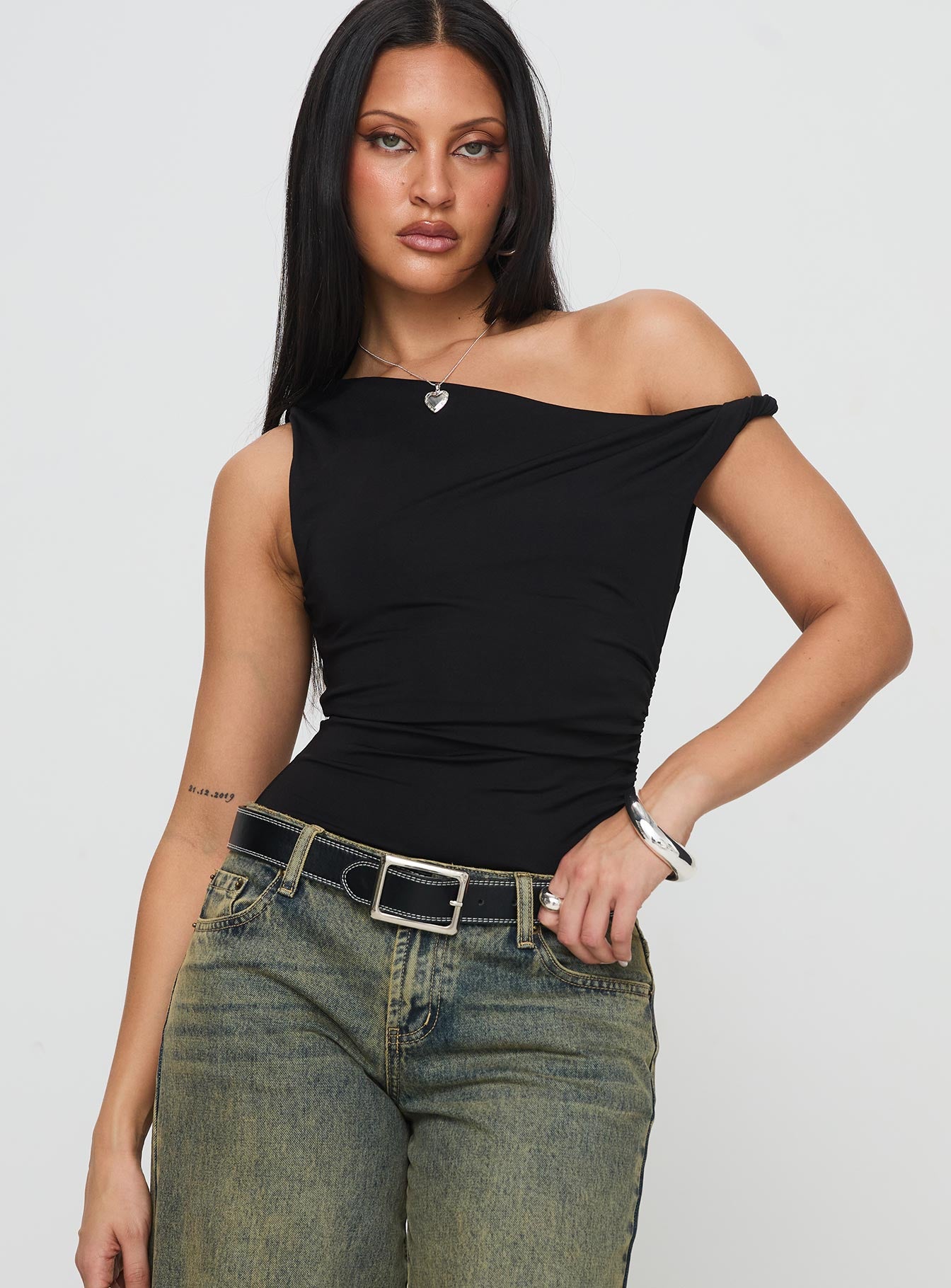 front view of model wearing Princess Polly Leclerc Bodysuit Black Sleeveless Asymmetric Neckline 