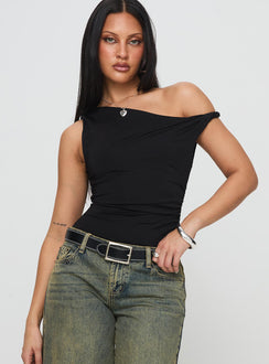 front view of model wearing Princess Polly Leclerc Bodysuit Black Sleeveless Asymmetric Neckline 