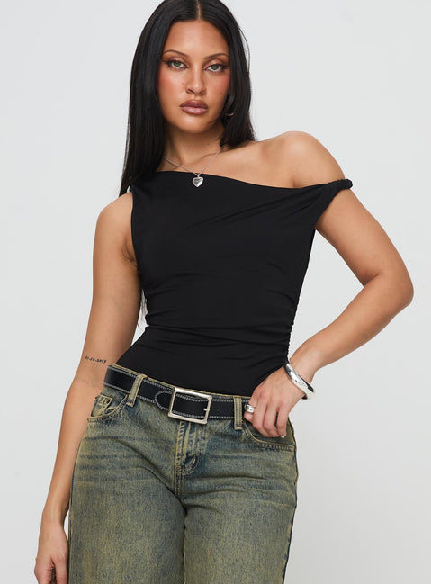 front view of model wearing Princess Polly Leclerc Bodysuit Black Sleeveless Asymmetric Neckline 