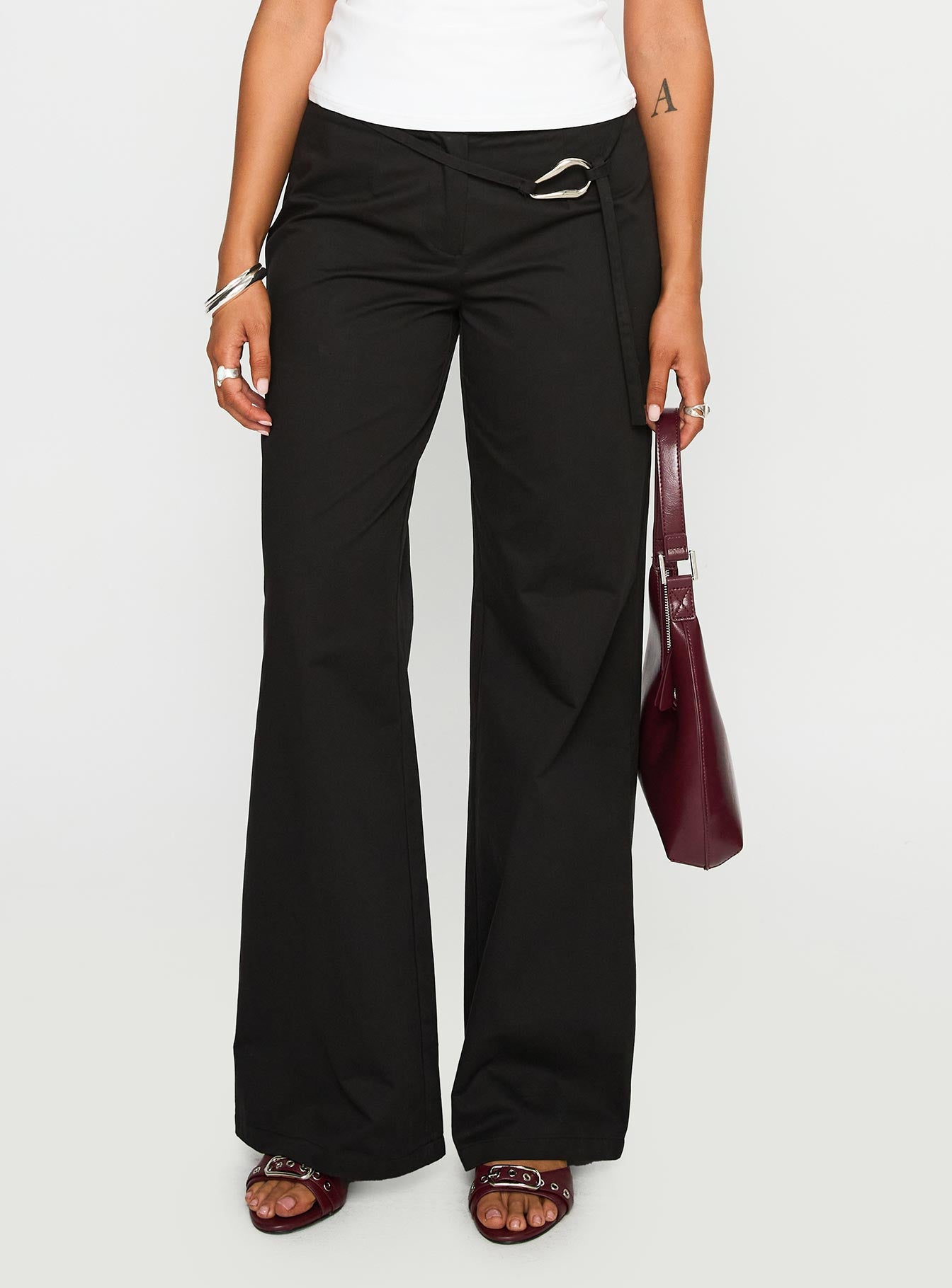 front view of model wearing Princess Polly Lucetta Wide Leg Pant Black Low Rise Pants 