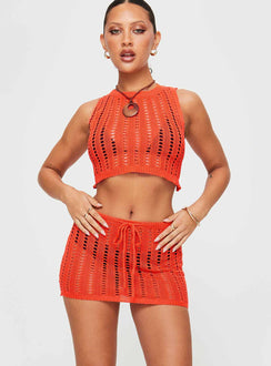 Two-piece knit set Crop top, high neckline, large cut out at back, tie fastening Mid-rise mini skirt, drawstring waist with tie fastening