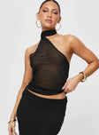 One shoulder top Asymmetric neck wrap and tie, open back, pull on design Non-stretch material, unlined 