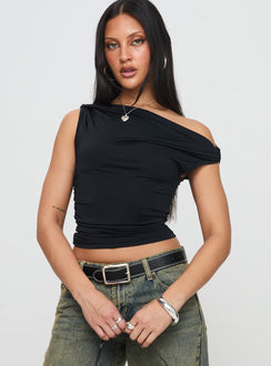 front view of model wearing Princess Polly Alckie Top Black Sleeveless Asymmetric Neckline 
