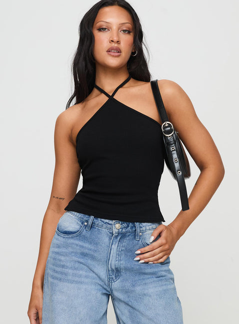 front view of model wearing Princess Polly Baseline Halter Rib Top Black Sleeveless 