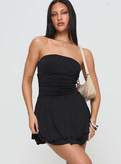 front view of model wearing Princess Polly Trenette Mini Dress Black Straight Neck 