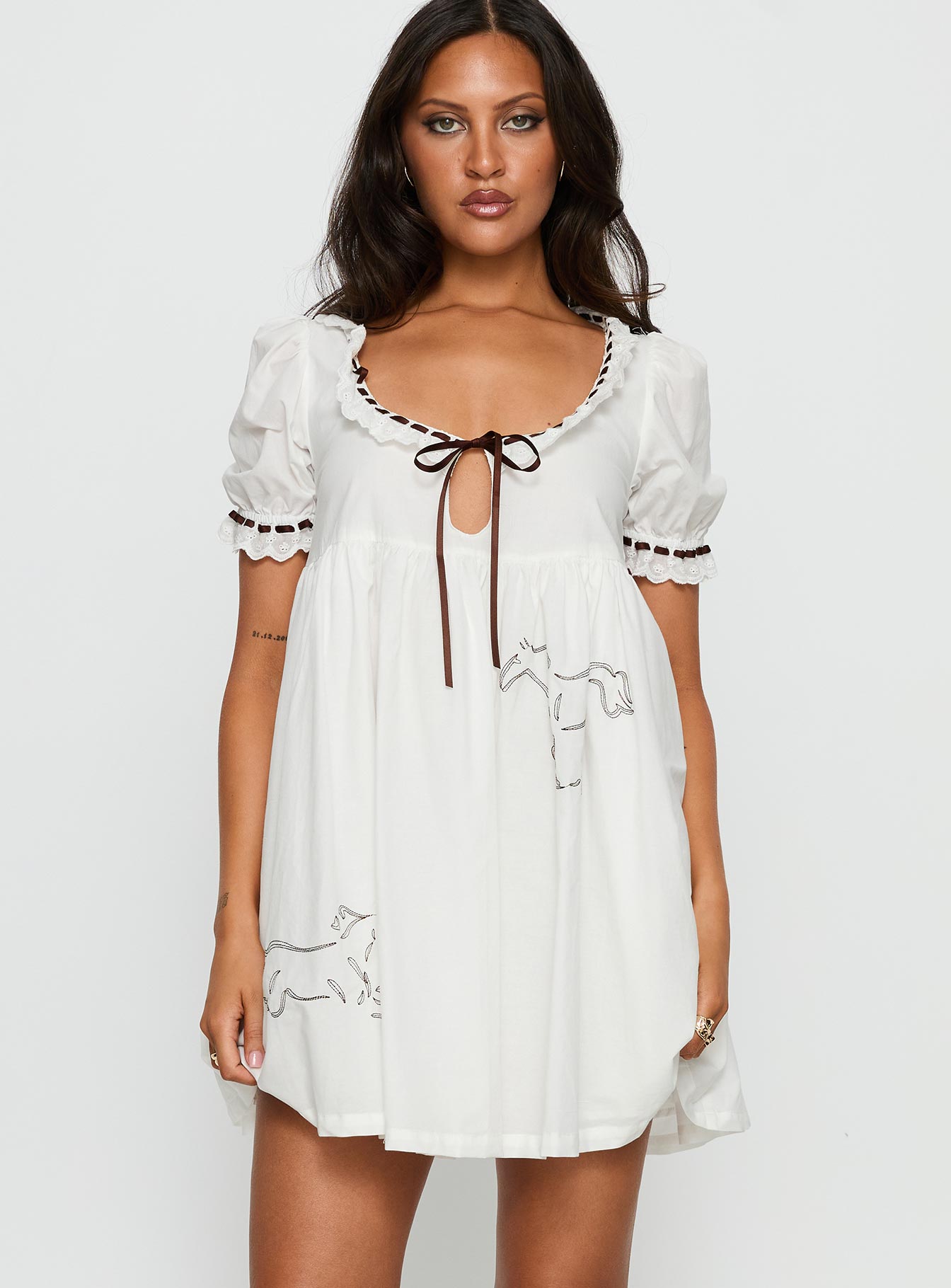 Cloudy Babydoll Contrast Trim Mini Dress White