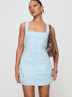 front view of model wearing Princess Polly Talisse Dress Blue Petite Square Neck 