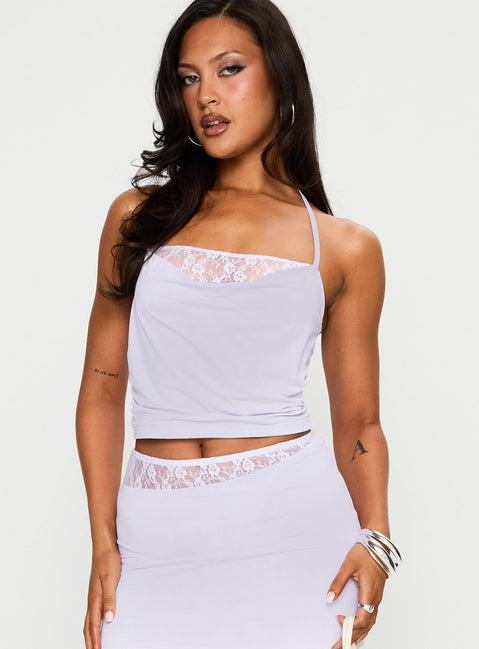 front view of model wearing Princess Polly Bonus Points Top Lilac Sleeveless Cowl 