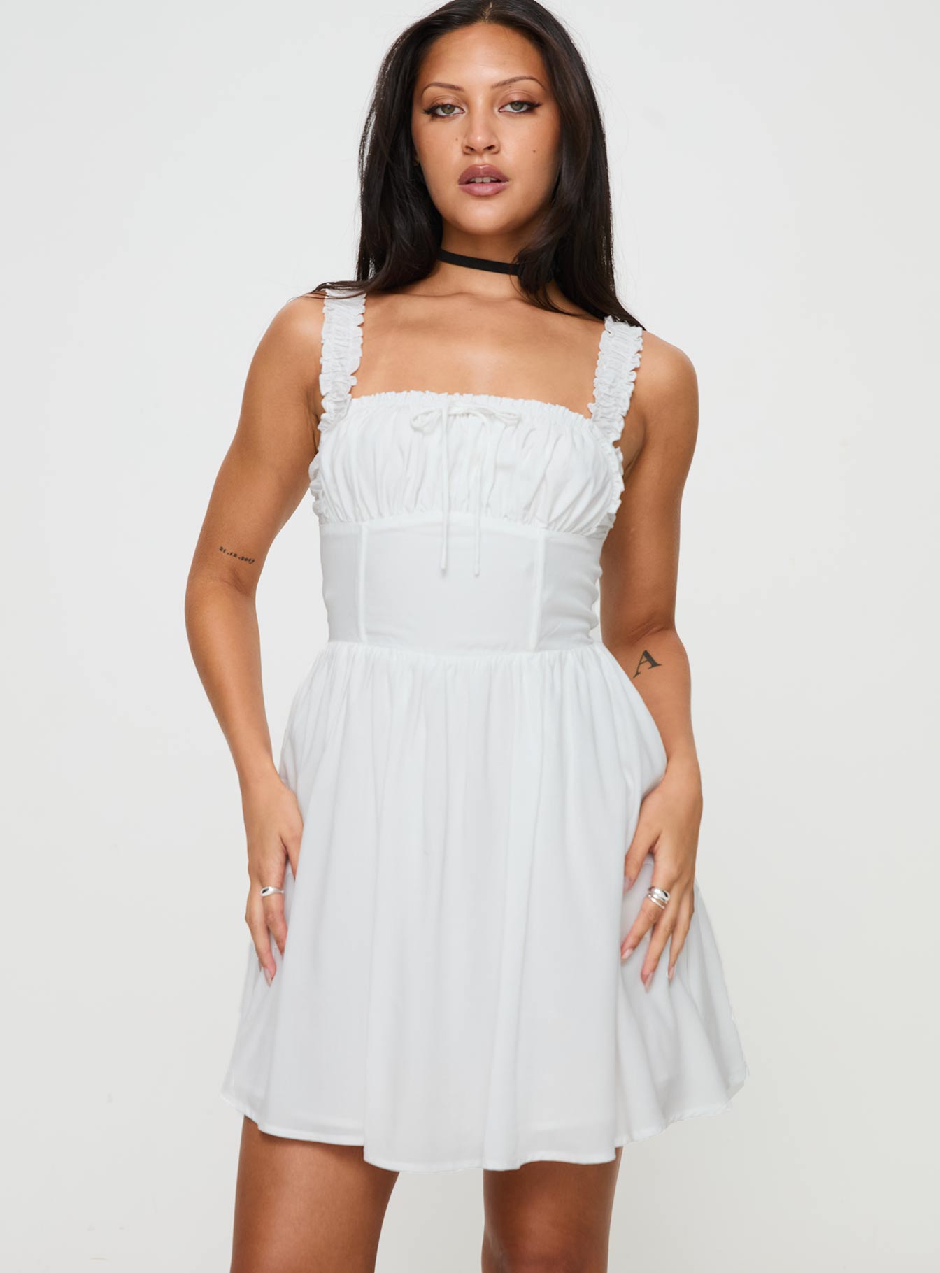 front view of model wearing Princess Polly Keltie Mini Dress White Square Neck 