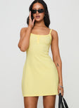 side view of model wearing Princess Polly Baseline Rib Mini Dress Yellow Scoop Neck 