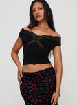 front view of model wearing Princess Polly Amarena Off The Shoulder Lace Top Black Short Sleeves 