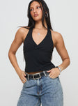 front view of model wearing Princess Polly Stand By Halter Top Black Sleeveless V-Neck 