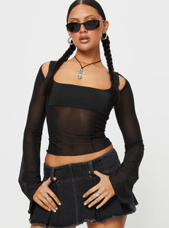 front view of model wearing Princess Polly Sevina Long Sleeve Mesh Corset Top Black Full Sleeves Square Neck 