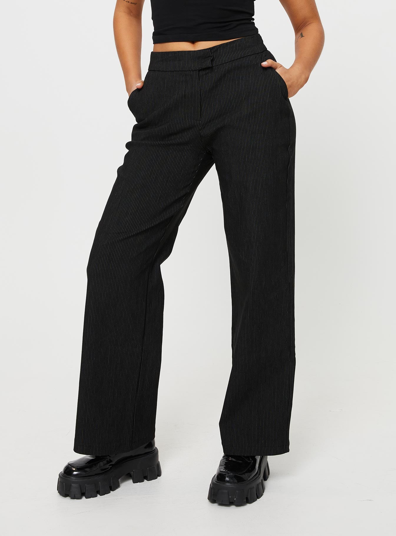 Pinstripe pants black on sale