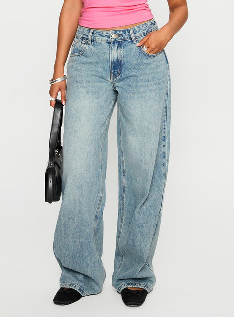 front view of model wearing Princess Polly Edge Of Town Jeans Vintage Blue Mid Rise 