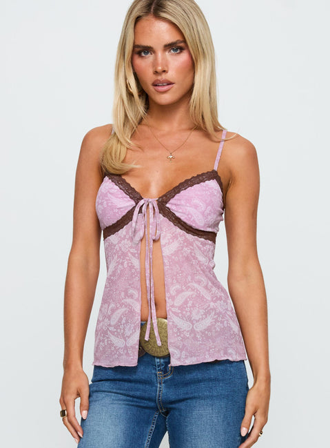 side view of model wearing Princess Polly Sacrifices Tie Detail Top Multi Floral Sleeveless Sweetheart 