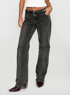 front view of model wearing Princess Polly Better Half Low Rise Jeans Charcoal Low Rise Jeans 