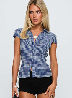 front view of model wearing Princess Polly Arianwyn Short Sleeve Shirt Navy Check Short Sleeves V-Neck 