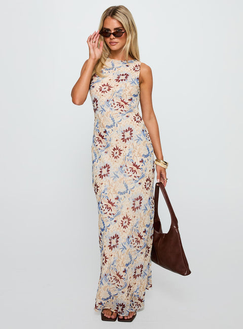 front view of model wearing Princess Polly Roam Free Maxi Dress Multi Crew Neck 