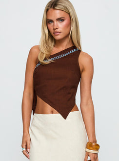 front view of model wearing Princess Polly Frankle Top Chocolate / Blue Sleeveless Asymmetric Neckline 