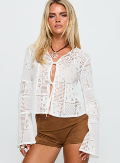 front view of model wearing Princess Polly Mine For Life Crochet Long Sleeve Top White Full Sleeves Crew Neck 