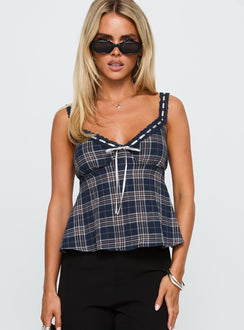 front view of model wearing Princess Polly Pretty It Up Tie Detail Top Blue Check Sleeveless V-Neck 