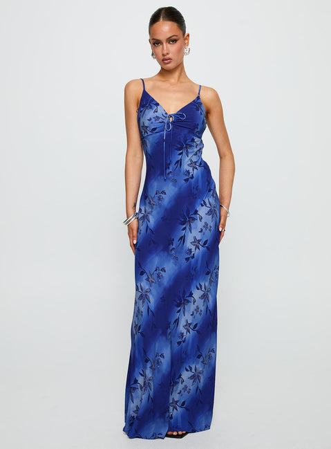 side view of model wearing Princess Polly Lauraline Maxi Dress Blue V-Neck 