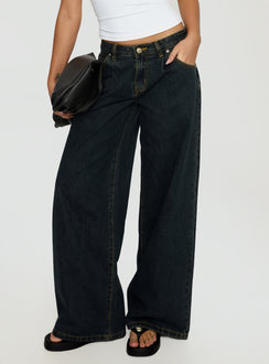 front view of model wearing Princess Polly Supercut Low Rise Baggy Pleat Jeans Grunge Wash Low Rise Jeans 