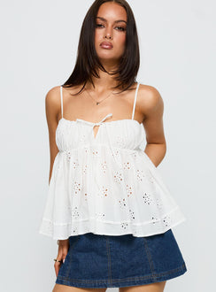 front view of model wearing Princess Polly Moving Forward Tie Detail Top White Sleeveless Square Neck 