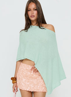 back view of model wearing Princess Polly Rouse Off Shoulder Knit Poncho Jelly Mint Longline Jumpers 