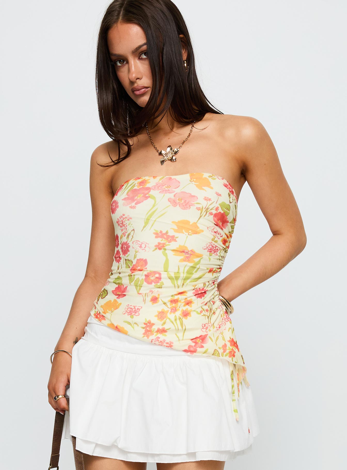 front view of model wearing Princess Polly Heidan Strapless Top Red Floral Sleeveless straight 