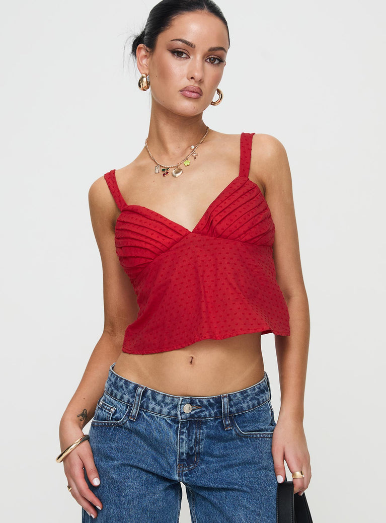 front view of model wearing Princess Polly Prevost Cami Top Red Sleeveless V-Neck 