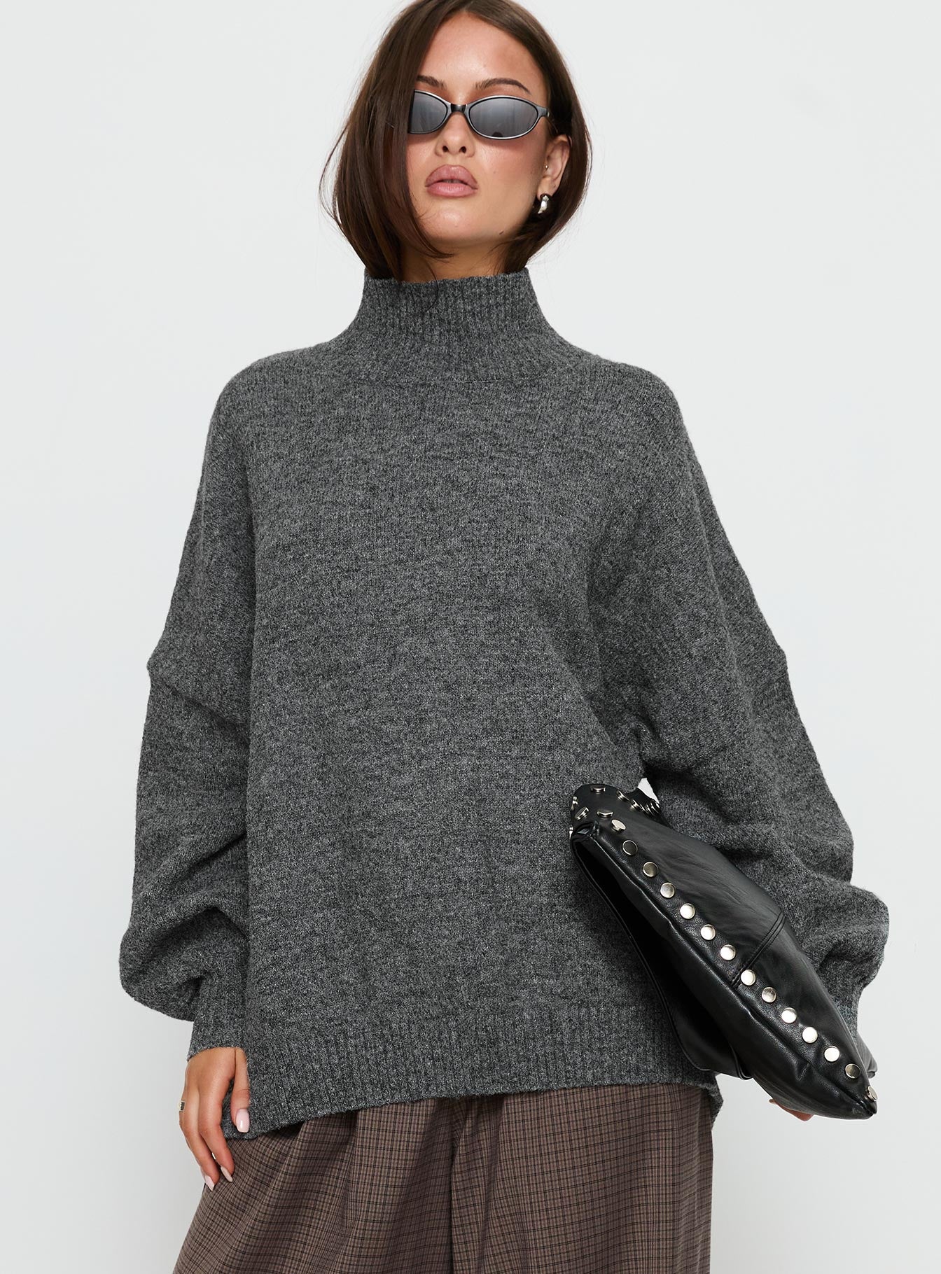 front view of model wearing Princess Polly Patrizia Funnel Neck Knit Sweater Grey Long 