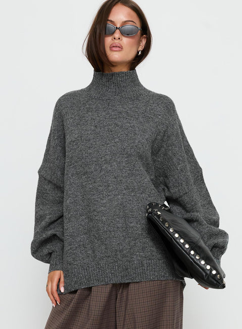 front view of model wearing Princess Polly Patrizia Funnel Neck Knit Sweater Grey Long 