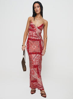 front view of model wearing Princess Polly Sugar Plum Maxi Dress Red Paisley V-Neck 