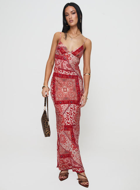 front view of model wearing Princess Polly Sugar Plum Maxi Dress Red Paisley V-Neck 