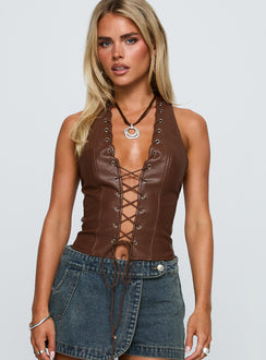 front view of model wearing Princess Polly Light On Tie Up Faux Leather Top Chocolate Sleeveless Plunger 